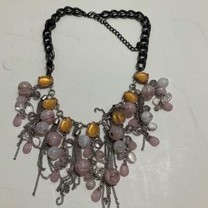 Statement Pink Bead and Chain Fringe Necklace